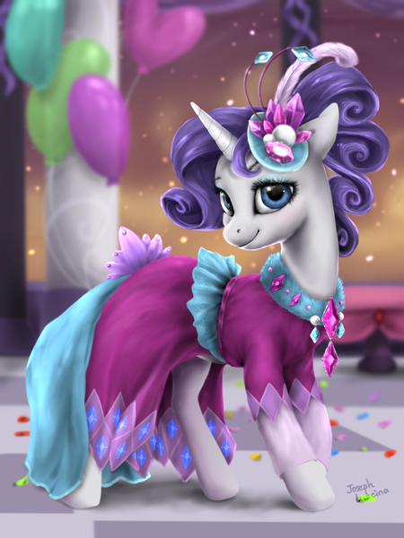 Size: 1200x1600 | Tagged: dead source, safe, artist:rossignolet, derpibooru import, rarity, pony, unicorn, make new friends but keep discord, balloon, clothes, cute, dress, female, gala dress, grand galloping gala, looking at you, mare, raribetes, smiling, solo