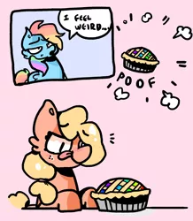 Size: 3000x3440 | Tagged: suggestive, artist:densomething, derpibooru import, applejack, rainbow dash, earth pony, pegasus, pony, dialogue, food, food transformation, imminent vore, inanimate tf, licking, licking lips, pie, rainbow pie, simple background, smiling, tongue out, transformation