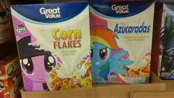 Size: 4608x2592 | Tagged: safe, derpibooru import, rainbow dash, twilight sparkle, pony, azucaradas, box, cereal, cereal box, food, great value, irl, merchandise, optimus prime, photo, transformers, walmart