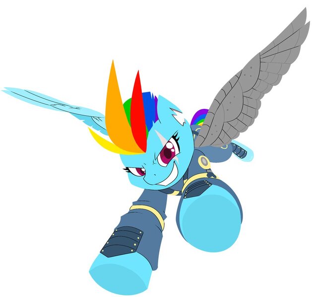 Size: 915x873 | Tagged: safe, artist:wynnchi, derpibooru import, rainbow dash, pegasus, pony, alternate timeline, amputee, apocalypse dash, augmented, commission, crystal war timeline, female, flying, mare, prosthetic limb, prosthetic wing, prosthetics, scar, simple background, solo, white background