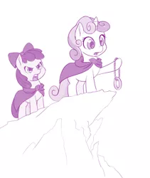 Size: 844x1000 | Tagged: safe, artist:dstears, derpibooru import, apple bloom, sweetie belle, earth pony, pony, unicorn, atg 2017, crossover, female, filly, lord of the rings, monochrome, mount doom, newbie artist training grounds, parody, simple background, the one ring, white background