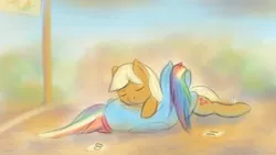 Size: 1280x720 | Tagged: safe, artist:taggerung, derpibooru import, applejack, rainbow dash, pony, appledash, atg 2017, cuddling, female, lesbian, newbie artist training grounds, running of the leaves, shipping