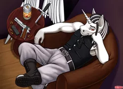 Size: 1440x1041 | Tagged: safe, artist:wwredgrave, derpibooru import, oc, oc:lord halo, unofficial characters only, anthro, unicorn, anthro oc, boots, clothes, commission, dagger, handgun, handsome, male, shoes, sitting, soda, solo, stallion, weapon