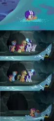 Size: 666x1496 | Tagged: safe, derpibooru import, screencap, apple bloom, applejack, rainbow dash, rarity, scootaloo, sweetie belle, pony, campfire tales, sleepless in ponyville, cave, cutie mark crusaders, discovery family logo, glowing horn, helmet, light spell, magic, ptsd, rainboat dash, river, scootalove