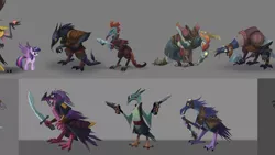 Size: 2560x1440 | Tagged: alicorn, anthro, artist:angela an, captain celaeno, concept art, dagger, derpibooru import, dinosaur, gun, kenku, my little pony: the movie, pirate, safe, sword, the art of my little pony: the movie, twilight sparkle, twilight sparkle (alicorn), velociraptor, weapon