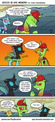 Size: 975x2160 | Tagged: artist:pony-berserker, changedling, changedling oc, changeling, changeling oc, comic, derpibooru import, embarrassed, hard hat, i can't believe it's not idw, oc, oc:berzie, oc:dopple, safe, shapeshifting, unofficial characters only