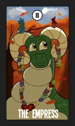 Size: 897x1497 | Tagged: artist:facade, autumn, bird, derpibooru import, dragon, dragoness, female, flower, oc, oc:belynda, safe, tarot, tarot card, the empress, tree, unofficial characters only