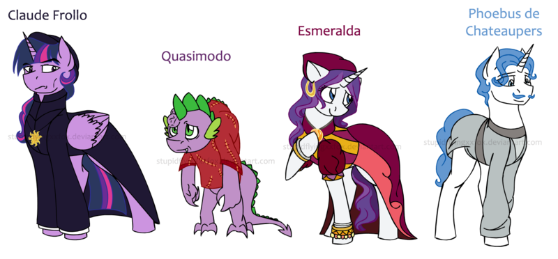 Size: 1389x646 | Tagged: alicorn, artist:stuflox, clothes, derpibooru import, dragon, dress, dusk shine, esmeralda, fancypants, frollo, hunchback of notre dame, implied incest, phoebus, quasimodo, rarity, rule 63, safe, simple background, spike, transparent background, twilight sparkle, twilight sparkle (alicorn)