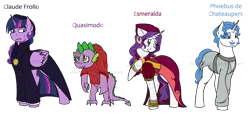 Size: 1389x646 | Tagged: alicorn, artist:stuflox, clothes, derpibooru import, dragon, dress, dusk shine, esmeralda, fancypants, frollo, hunchback of notre dame, implied incest, phoebus, quasimodo, rarity, rule 63, safe, simple background, spike, transparent background, twilight sparkle, twilight sparkle (alicorn)