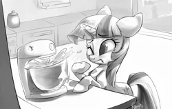 Size: 1280x807 | Tagged: safe, artist:briskby, derpibooru import, twilight sparkle, pony, unicorn, baking, batter, cute, female, floppy ears, food, frown, glowing horn, gritted teeth, kitchen, leaning, magic, mare, monochrome, one eye closed, scared, solo, wink