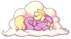 Size: 1548x849 | Tagged: safe, artist:dsp2003, derpibooru import, oc, oc:comfy, unofficial characters only, pegasus, pony, bipedal, blushing, chibi, cloud, cute, daaaaaaaaaaaw, female, floppy ears, simple background, sleeping, solo, style emulation, transparent background