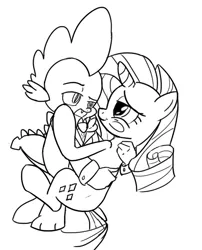 Size: 652x808 | Tagged: safe, artist:php63, derpibooru import, rarity, spike, dragon, pony, unicorn, blushing, eye contact, female, hug, looking at each other, male, mare, monochrome, shipping, sparity, straight