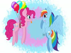 Size: 1600x1200 | Tagged: safe, artist:emilunika, derpibooru import, pinkie pie, rainbow dash, earth pony, pegasus, pony, balloon, female, floating, lesbian, looking at each other, mare, pinkiedash, shipping, smiling, then watch her balloons lift her up to the sky, tongue out