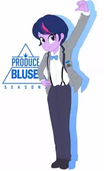 Size: 740x1216 | Tagged: safe, artist:bluse, derpibooru import, twilight sparkle, equestria girls, alternate hairstyle, bowtie, clothes, jacket, pants, raised arm, shirt, short hair, show accurate, simple background, smiling, solo, suspenders