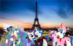 Size: 1578x988 | Tagged: safe, artist:disneymarvel96, derpibooru import, fancypants, king sombra, princess cadance, princess celestia, rarity, shining armor, pony, celestibra, female, irl, male, paris, photo, ponies in real life, raripants, shiningcadance, shipping, straight