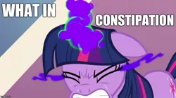 Size: 888x499 | Tagged: safe, derpibooru import, twilight sparkle, pony, unicorn, constipated, constipation, dark magic, female, image macro, magic, mare, meme, reaction image, solo, sombra eyes, what in tarnation