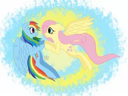 Size: 1024x768 | Tagged: safe, artist:emilunika, derpibooru import, fluttershy, rainbow dash, pony, female, flutterdash, flying, lesbian, shipping