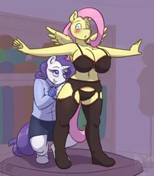 Size: 800x917 | Tagged: suggestive, artist:ethanqix, derpibooru import, fluttershy, rarity, anthro, pegasus, unguligrade anthro, unicorn, armpits, belly button, blushing, bra, breasts, brown underwear, busty fluttershy, carousel boutique, clothes, embarrassed, embarrassed underwear exposure, female, frilly underwear, garter belt, hoof feet, lingerie, panties, ribbon, skirt, stockings, thigh highs, underwear