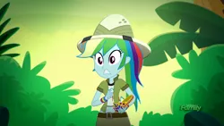 Size: 1920x1080 | Tagged: safe, derpibooru import, screencap, rainbow dash, eqg summertime shorts, equestria girls, leaping off the page, clothes, hat, jungle, midriff, pith helmet, short shirt, skirt, solo