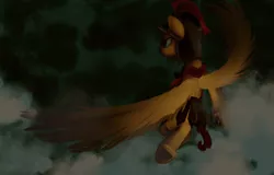 Size: 2574x1650 | Tagged: safe, artist:php69, derpibooru import, flash magnus, pegasus, pony, campfire tales, cloud, flying, helmet, male, solo, spread wings, stallion, underhoof, wings