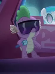 Size: 530x711 | Tagged: cropped, derpibooru import, dragon, male, mc spike, microphone, my little pony: the movie, safe, screencap, solo, spike, sunglasses, vinyl scratch