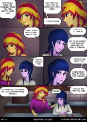 Size: 800x1120 | Tagged: safe, artist:g-glory, derpibooru import, sunset shimmer, twilight sparkle, comic:up late, equestria girls, rainbow rocks, clothes, comic, female, lesbian, looking at each other, manga, pajamas, scene interpretation, shipping, sunsetsparkle