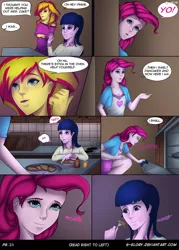 Size: 800x1120 | Tagged: safe, artist:g-glory, derpibooru import, pinkie pie, sunset shimmer, twilight sparkle, comic:up late, equestria girls, rainbow rocks, clothes, comic, female, food, lesbian, manga, pajamas, pancakes, scene interpretation, shipping, sunsetsparkle