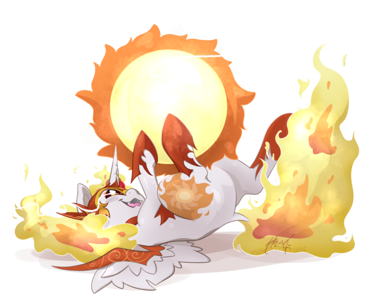 Size: 1024x842 | Tagged: safe, artist:midnightpremiere, derpibooru import, daybreaker, alicorn, pony, behaving like a cat, diabreaker, fangs, female, fire, mane of fire, mare, on back, simple background, smiling, solo, sun, tangible heavenly object, transparent background