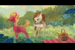 Size: 900x603 | Tagged: safe, artist:wolfiedrawie, derpibooru import, oc, oc:chica, oc:drew, unofficial characters only, pony, duo, eating, fruit, fruit basket, grass, grazing, horses doing horse things, picnic, pointing, scenery