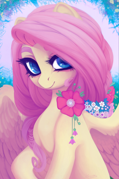 Size: 1060x1600 | Tagged: safe, artist:tomness, derpibooru import, fluttershy, pegasus, pony, beautiful, bust, eyelashes, eyeshadow, female, flower, looking at you, looking sideways, makeup, mare, portrait, raised hoof, sitting, smiling, solo, spread wings, wings