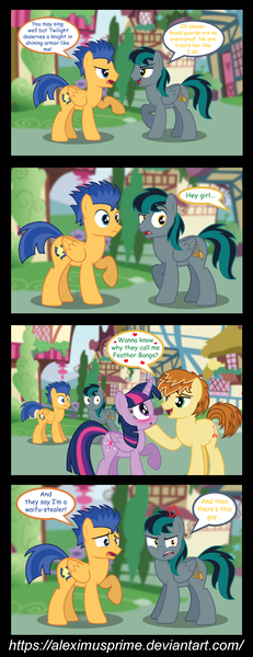 Size: 1759x4572 | Tagged: safe, artist:aleximusprime, derpibooru import, feather bangs, flash sentry, twilight sparkle, twilight sparkle (alicorn), oc, oc:blackgryph0n, oc:gryph, alicorn, pony, fanfic:twilight should be dating my oc, backwards cutie mark, blackgryph0n, comic, flirting, show accurate