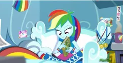 Size: 663x341 | Tagged: safe, derpibooru import, screencap, rainbow dash, eqg summertime shorts, equestria girls, leaping off the page, bed, bedroom, book, boots, bracelet, clothes, compression shorts, crossed legs, cup, egghead, food, jewelry, looking down, picture frame, reading rainboom, shoes, skirt, socks, tea, teacup