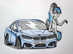 Size: 4632x3456 | Tagged: safe, artist:bumskuchen, derpibooru import, oc, oc:blue code, unofficial characters only, pegasus, pony, bipedal, bmw, bmw f82, bmw m4, request, solo, standing, supercar, traditional art