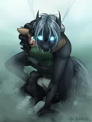 Size: 3000x4000 | Tagged: safe, artist:askbubblelee, derpibooru import, oc, oc:imago, oc:walter nutt, unofficial characters only, anthro, changeling, earth pony, unguligrade anthro, anthro oc, changeling oc, clothes, crying, duo, fangs, female, looking at you, male, mare, protecting, serious, serious face, shirt, story in the source