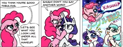 Size: 925x357 | Tagged: safe, artist:gingerfoxy, derpibooru import, coco pommel, pinkie pie, rarity, pony, pony comic generator, comic, cute, google translate, japanese