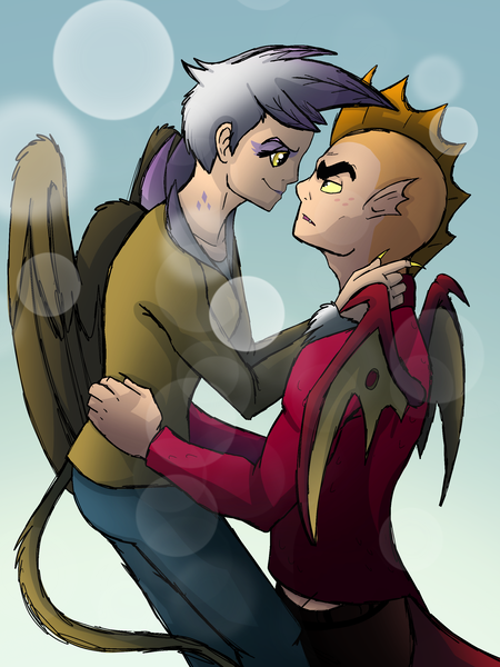 Size: 2048x2732 | Tagged: artist:percy-mcmurphy, clothes, derpibooru import, female, freckles, garble, garilda, gilda, human, humanized, looking at each other, male, safe, shipping, straight, tailed humanization, winged humanization, wings
