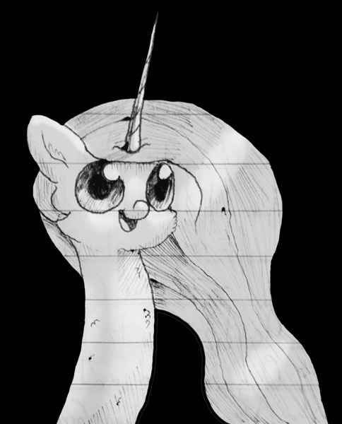 Size: 1794x2224 | Tagged: safe, artist:dankpone, derpibooru import, princess celestia, pony, ask celestia stuff, black background, celestia stuff, cute, happy, lined paper, long neck, simple background, smiling, solo, traditional art