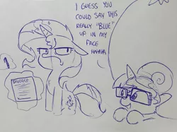 Size: 1643x1231 | Tagged: safe, artist:tjpones, derpibooru import, sci-twi, sunset shimmer, twilight sparkle, ponified, pony, series:sciset diary, bad pun, blueberry, chest fluff, equestria girls ponified, female, floppy ears, food, frown, glasses, lesbian, lineart, magic, monochrome, pun, sciset's blueberry divorce, scitwishimmer, shipping, sunset shimmer is not amused, sunsetsparkle, telekinesis, this will end in divorce, traditional art, unamused