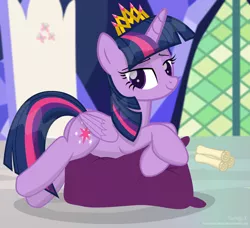 Size: 3396x3092 | Tagged: safe, artist:shutterflyeqd, derpibooru import, twilight sparkle, twilight sparkle (alicorn), alicorn, pony, crossed hooves, crown, female, jewelry, mare, new crown, pillow, plot, prone, regalia, scroll, solo, twilight's castle, updated