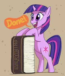 Size: 3447x4000 | Tagged: safe, artist:docwario, derpibooru import, twilight sparkle, pony, unicorn, atg 2017, bipedal, bipedal leaning, book, bookhorse, cute, encyclopedia, female, impossibly large book, leaning, mare, newbie artist training grounds, open mouth, smiling, solo, that pony sure does love books, twiabetes, unicorn twilight