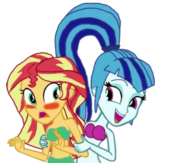 Size: 917x872 | Tagged: suggestive, artist:bigpurplemuppet99, derpibooru import, sonata dusk, sunset shimmer, equestria girls, blushing, bra, breasts, clothes, female, lesbian, ponytail, shipping, simple background, sunata, transparent background, underwear