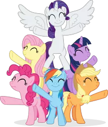 Size: 4182x4918 | Tagged: safe, artist:punzil504, derpibooru import, applejack, fluttershy, pinkie pie, rainbow dash, rarity, twilight sparkle, alicorn, earth pony, pegasus, pony, unicorn, absurd resolution, alicornified, best friends until the end of time, bipedal, eyes closed, female, freckles, mane six, mare, race swap, raricorn, simple background, smiling, transparent background, unicorn twilight, vector