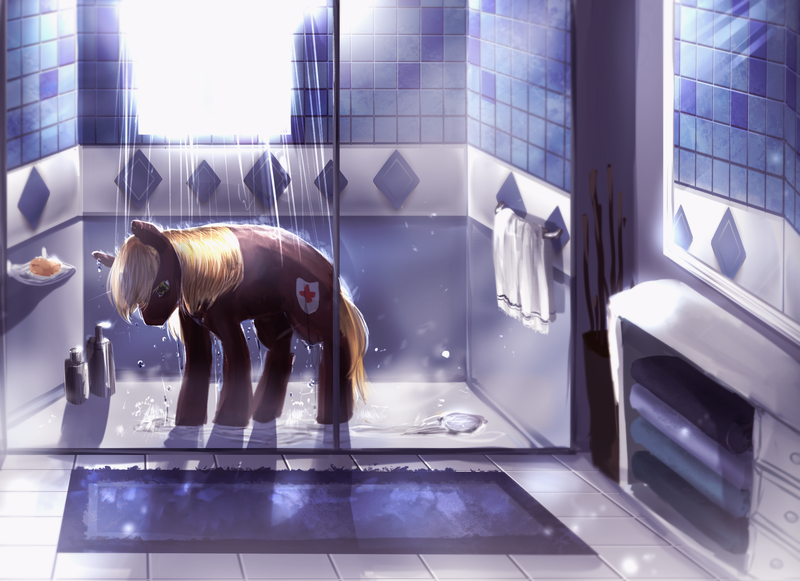 Size: 3000x2180 | Tagged: safe, artist:aquagalaxy, derpibooru import, oc, oc:rescue sunstreak, unofficial characters only, pony, bathroom, commission, firefighter, shower, solo