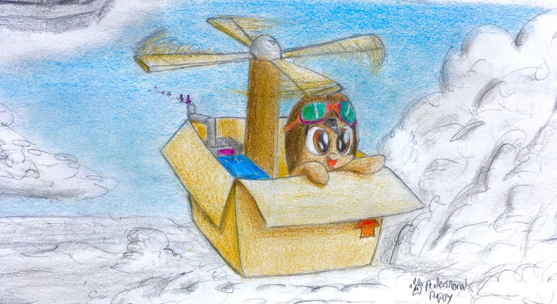 Size: 4032x2202 | Tagged: safe, artist:professionalpuppy, derpibooru import, oc, oc:cocoa mocha, unofficial characters only, pony, aviator goggles, aviator hat, cardboard box, hat, helicopter, sky, solo, traditional art