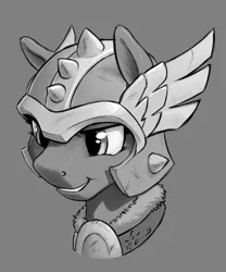Size: 900x1080 | Tagged: safe, artist:amarynceus, deleted from derpibooru, derpibooru import, sun cross, pony, campfire tales, bust, grayscale, helmet, mighty helm, monochrome, portrait, solo