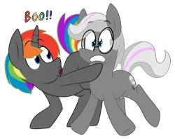 Size: 1363x1077 | Tagged: safe, artist:nannurs, derpibooru import, oc, oc:jannie daze, oc:krylone, unofficial characters only, pony, jannielone, male, rainbow hair, simple background, transparent background