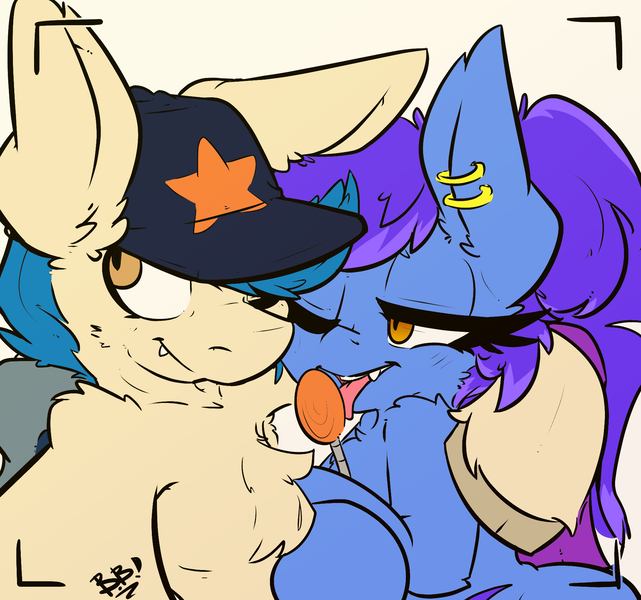 Size: 1883x1763 | Tagged: safe, artist:bbsartboutique, artist:php40, derpibooru import, oc, oc:evening lily, oc:moonshot, unofficial characters only, bat pony, pony, baseball cap, camera shot, candy, cap, ear piercing, earring, eveshot, food, hat, jewelry, lollipop, piercing, recording, selfie, simple background, tongue out, white background