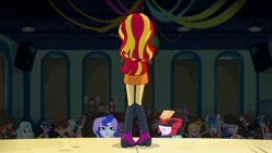 Size: 1000x563 | Tagged: safe, artist:pixelkitties, derpibooru import, edit, edited screencap, screencap, bon bon, lyra heartstrings, octavia melody, princess celestia, princess luna, sunset shimmer, sweetie drops, vinyl scratch, equestria girls, auditorium, canterlot high, clothes, female, helmet, i am the law, judge dredd, judge dreddlestia, male, parody, principal celestia, vice principal luna