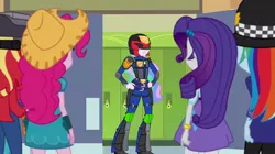 Size: 1000x558 | Tagged: safe, artist:pixelkitties, derpibooru import, edit, edited screencap, screencap, pinkie pie, princess celestia, rainbow dash, rarity, sunset shimmer, phoenix, equestria girls, friendship games, armor, badge, boots, canterlot high, clothes, costume, crossover, farmer pinkie, helmet, i am the law, judge dredd, judge dreddlestia, principal celestia, rozzer dash, shoes, sunset welder, symbol, we couldn't fit it all in, welcome princess celest