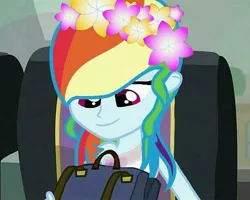 Size: 612x489 | Tagged: safe, derpibooru import, edit, edited screencap, screencap, rainbow dash, equestria girls, backpack, clothes, dress, female, pink dress, rainbow dash always dresses in style, recolor, solo